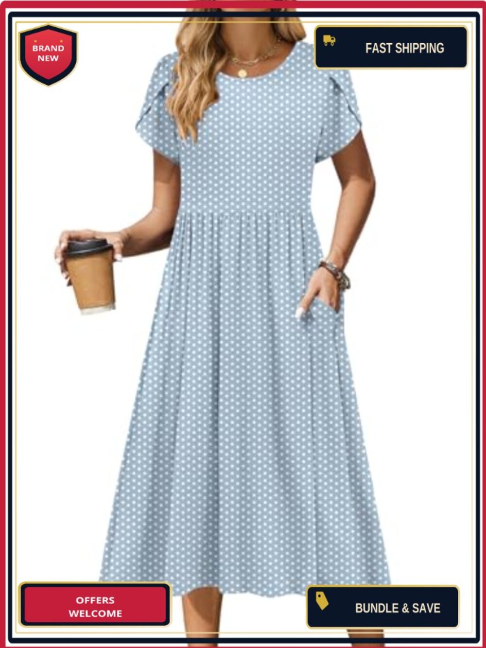 Women's Casual Midi Dress Floral Short Sleeve Swing T-Shirt Dress with Pockets